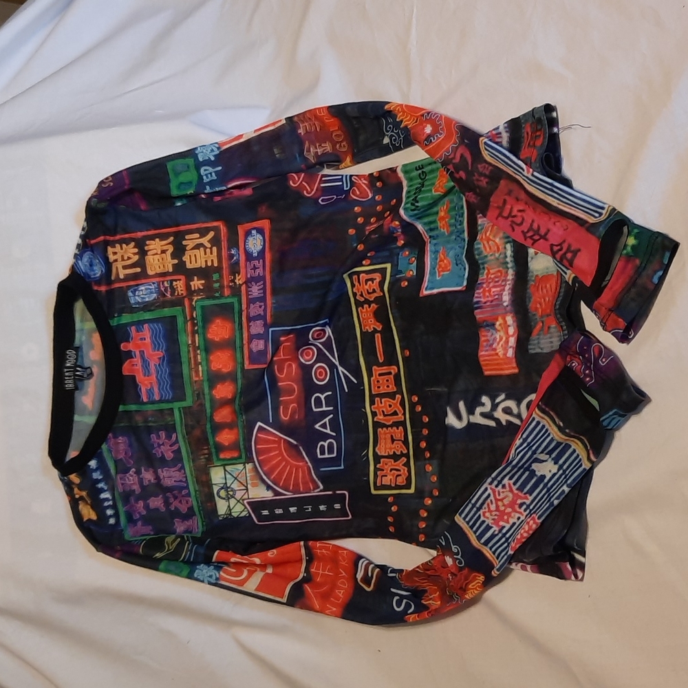 Current mood long sleeve sheer top, size M, multi-colored